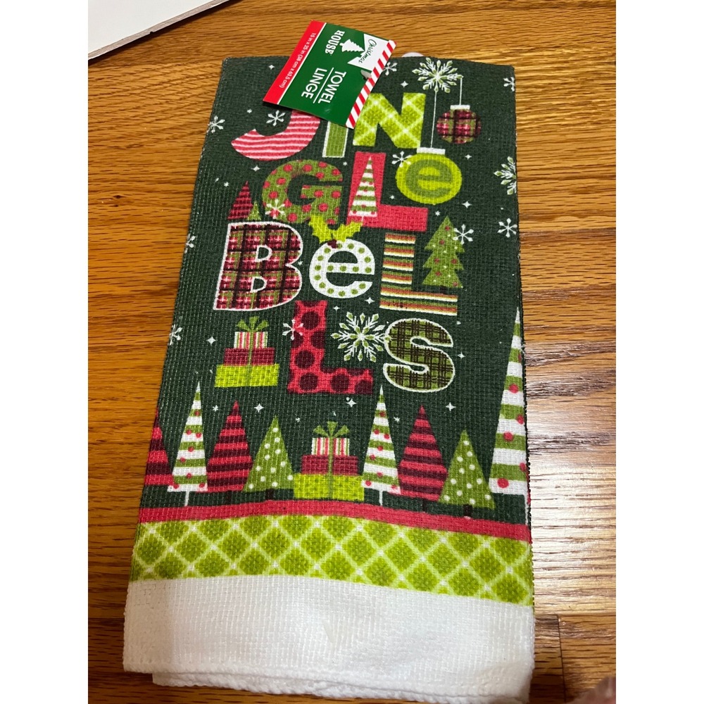 Christmas House Jingle Bells Kitchen Towel Green Red Holiday Decor 15x25 NEW
